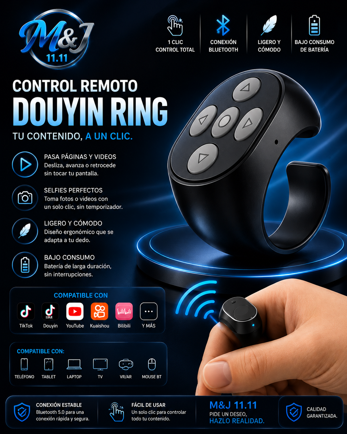 Anillo Control Remoto Bluetooth para Smartphone